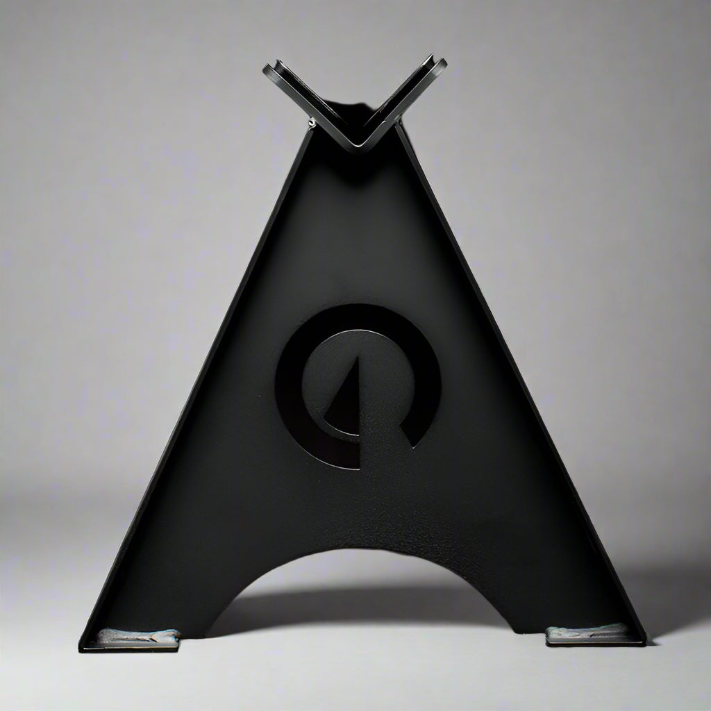 The Edge Landmine Jack is a compact landmine stand that takes the pain out of loading, reloading, and unloading heavy plates onto a barbell while using a landmine. This image presents the Edge Landmine Jack from a front view.