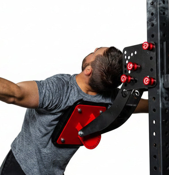The rack-attaching, Infinity Arm can be utilized for chest-supported, arm-supported, back-supported, head-supported, and many other supported exercises. This image presents the Infinity Arm being used for chest exercises in a home gym.