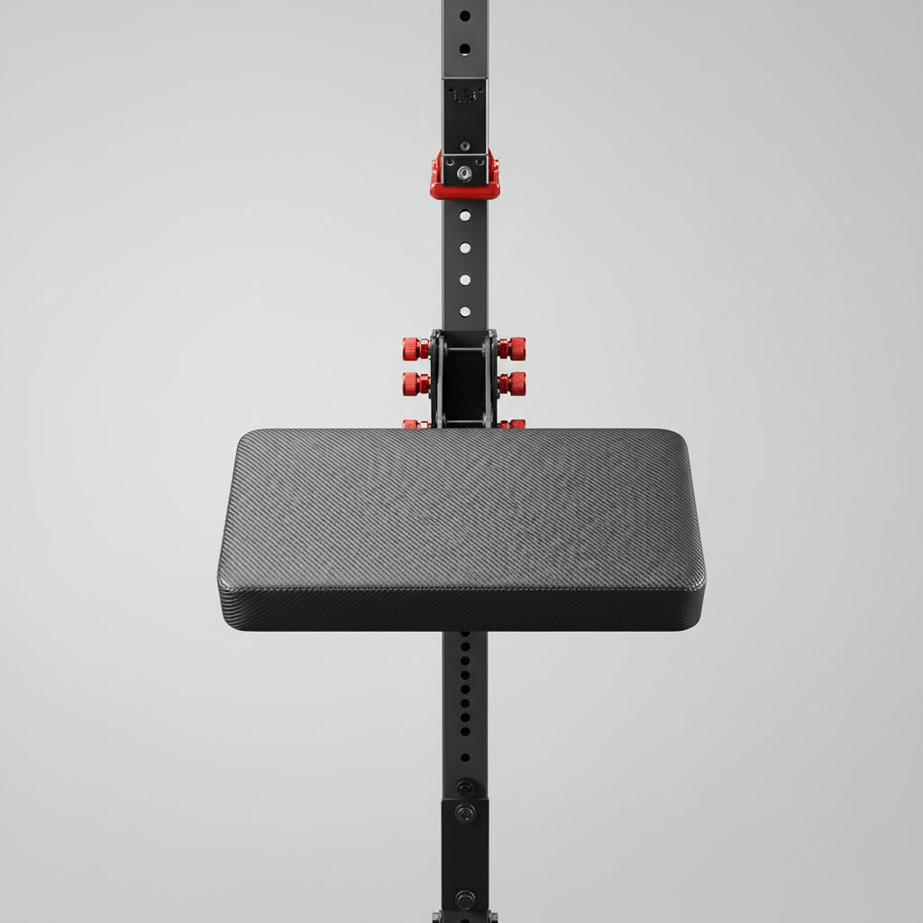 The rack-attaching, Infinity Arm can be utilized for chest-supported, arm-supported, back-supported, head-supported, and many other supported exercises. This image presents the Infinity Large Pad Attachment attached to a power rack from a side view.