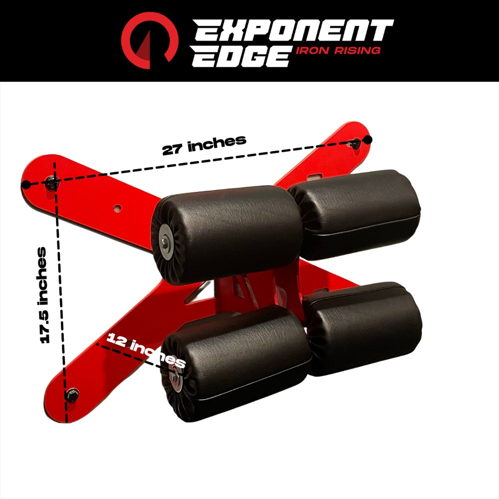 This Wall Mounted Glute Ham Developer is less bulky and lower priced than conventional GHDs. Perfect for glute workouts, ab workouts, and hamstring workouts. This image presents dimensions of the Wall Mounted Glute Ham Developer (GHD).