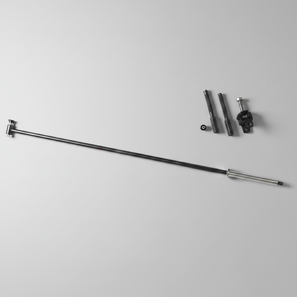 Gym bar with attachments on a dark tiled floor