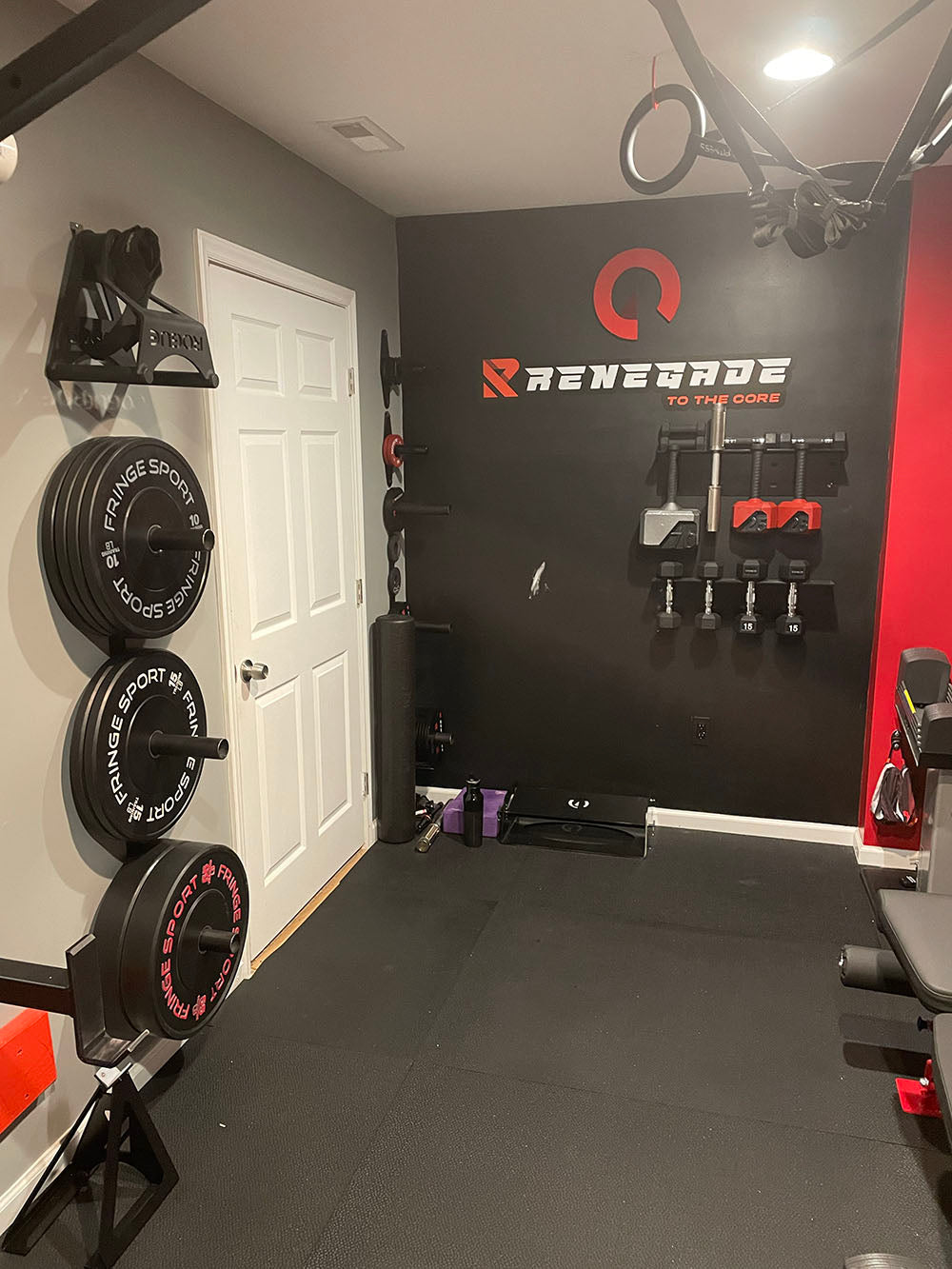 The wall mounted Single Row Dumbbell Holder is space-saving and designed to help you save floor space. This image presents the Single Row Dumbbell Holder mounted on the wall in a home gym.